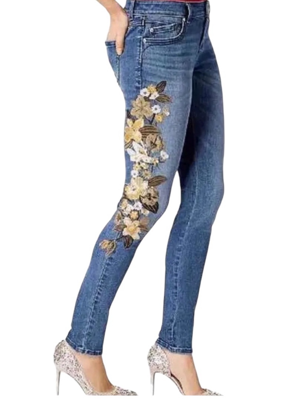 INC International Concepts Blue Skinny Jeans with Floral Embroidery